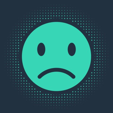 Mavi arkaplanda yeşil üzgün gülümseme simgesi izole edildi. Duygusal yüz ifadesi. Soyut çember rastgele noktalar. Vektör İllüstrasyonu