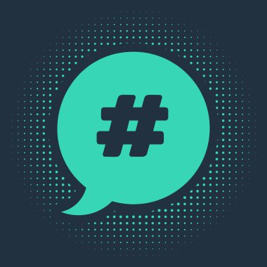 Mavi arkaplanda Green Hashtag konuşma balonu simgesi izole edildi. Sayı işareti kavramı, sosyal medya pazarlaması, mikro blog yazma. Soyut çember rastgele noktalar. Vektör İllüstrasyonu