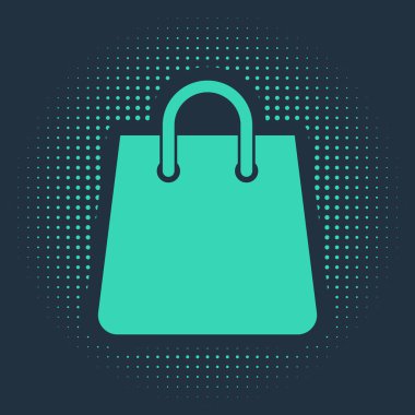 Mavi arkaplanda yeşil el çantası simgesi izole edildi. Kum torbası işareti. Kadın çanta ikonu. Kadın el çantası işareti. Cazibeli günlük eşyalar. Soyut çember rastgele noktalar. Vektör İllüstrasyonu