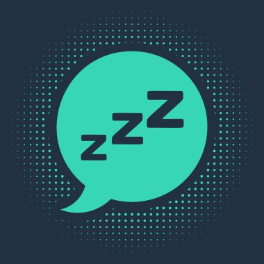 Mavi arka planda izole edilmiş horlama ikonu olan yeşil konuşma balonu. Uyku, uykusuzluk, alarmlı saat uygulaması, derin uyku, uyanış. Soyut çember rastgele noktalar. Vektör İllüstrasyonu