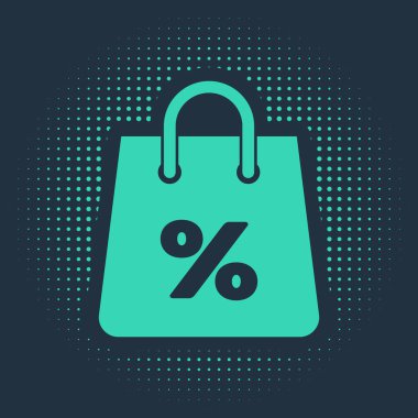 Mavi arka planda yüzde yazılı indirim simgesi olan yeşil Shoping torbası. El çantası işareti. Kadın çanta ikonu. Kadın el çantası işareti. Soyut çember rastgele noktalar. Vektör İllüstrasyonu