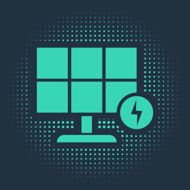 Yeşil Güneş enerjisi simgesi mavi arkaplanda izole edildi. Soyut çember rastgele noktalar. Vektör İllüstrasyonu