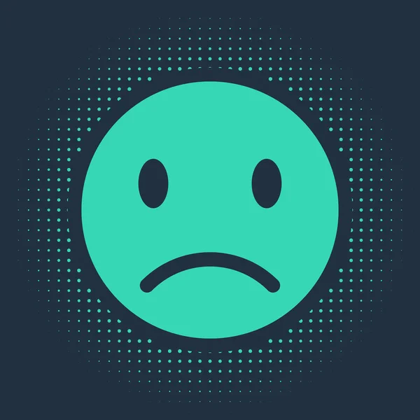 Icono de sonrisa triste verde aislado sobre fondo azul. Cara de emoticono. Puntos aleatorios de círculo abstracto. Ilustración vectorial — Vector de stock