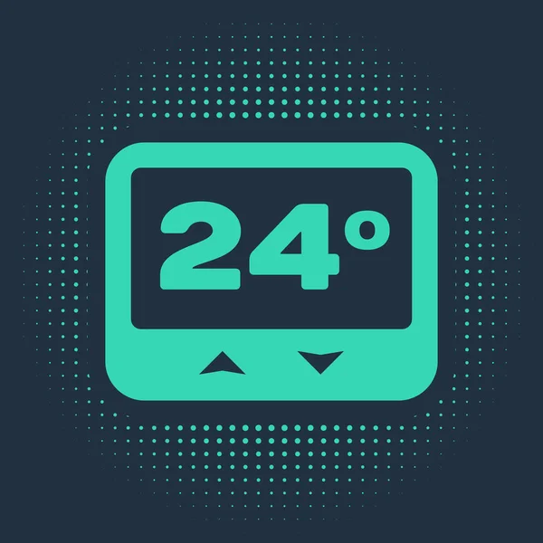 Icono del termostato verde aislado sobre fondo azul. Control de temperatura. Puntos aleatorios de círculo abstracto. Ilustración vectorial — Vector de stock