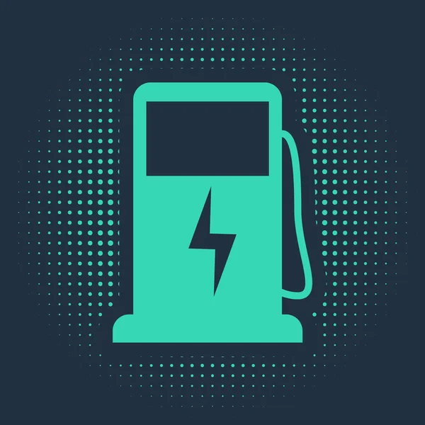 Green Electric icono de la estación de carga del coche aislado sobre fondo azul. Eco señal de bomba de combustible eléctrico. Puntos aleatorios de círculo abstracto. Ilustración vectorial — Archivo Imágenes Vectoriales