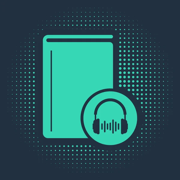 Icona dell'audiolibro verde isolata su sfondo blu. Prenota con le cuffie. Segnale audio guida. Concetto di apprendimento online. Cerchi astratti puntini casuali. Illustrazione vettoriale — Vettoriale Stock