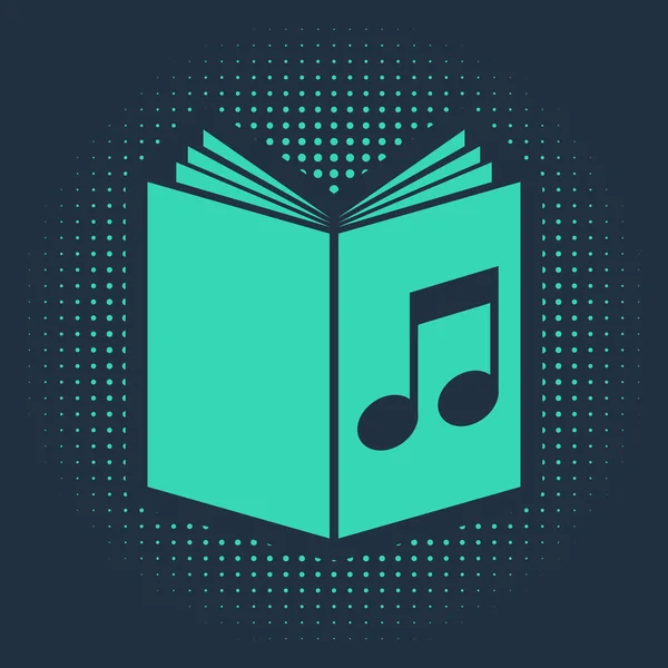 Grön ljudbok ikon isolerad på blå bakgrund. Musiknotering med bok. Ljudvägvisare. Online lärande koncept. Abstrakt cirkel slumpmässiga prickar. Vektor Illustration — Stock vektor