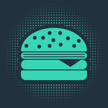Yeşil Burger simgesi mavi arkaplanda izole edildi. Hamburger ikonu. Çizburger sandviç tabelası. Soyut çember rastgele noktalar. Vektör İllüstrasyonu