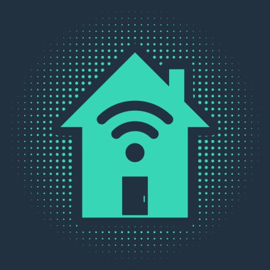 Mavi arka planda kablosuz ağ ikonu olan Green Smart evi. Uzaktan kumanda. Soyut çember rastgele noktalar. Vektör İllüstrasyonu