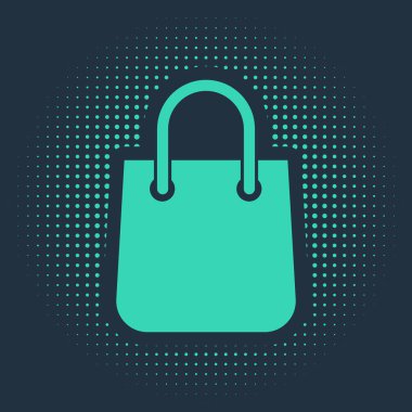 Mavi arkaplanda yeşil alışveriş torbası simgesi izole edildi. Paket işareti. Soyut çember rastgele noktalar. Vektör İllüstrasyonu