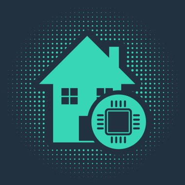 Yeşil Akıllı ev simgesi mavi arkaplanda izole edildi. Uzaktan kumanda. Soyut çember rastgele noktalar. Vektör İllüstrasyonu