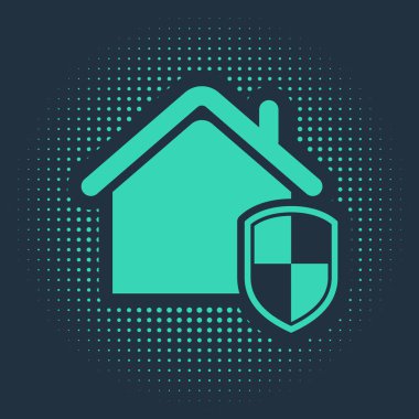 Koruma altındaki Yeşil Ev mavi arka planda izole edilmiş. Ev ve kalkan. Koruma, güvenlik, güvenlik, koruma, savunma konsepti. Soyut çember rastgele noktalar. Vektör İllüstrasyonu