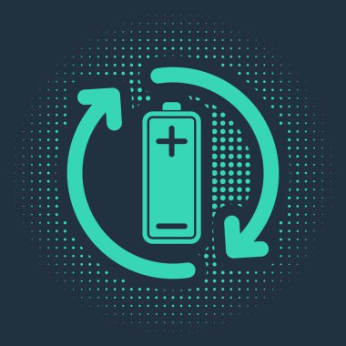 Geri dönüşüm sembolü simgesi olan yeşil pil mavi arkaplanda izole edilmiş. Geri dönüşüm sembollü pil - yenilenebilir enerji konsepti. Soyut çember rastgele noktalar. Vektör İllüstrasyonu