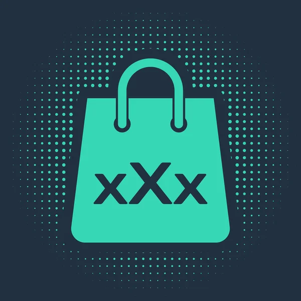 Green Shopping bag with a triple X icon isolated on blue background. Abstract circle random dots. Vector Illustration — Stock Vector