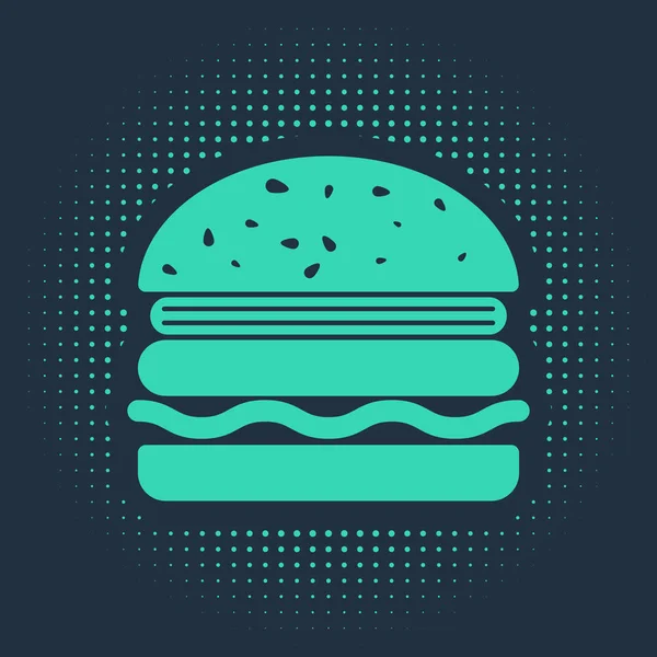 Ícone Burger verde isolado no fundo azul. Ícone de hambúrguer. Sinal de sanduíche de hambúrguer de queijo. Pontos aleatórios de círculo abstrato. Ilustração vetorial — Vetor de Stock