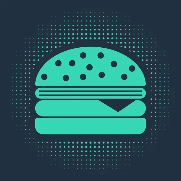 Ikon Green Burger diisolasi dengan latar belakang biru. Ikon hamburger. Cheeseburger sandwich sign. Titik-titik acak lingkaran abstrak. Ilustrasi Vektor - Stok Vektor