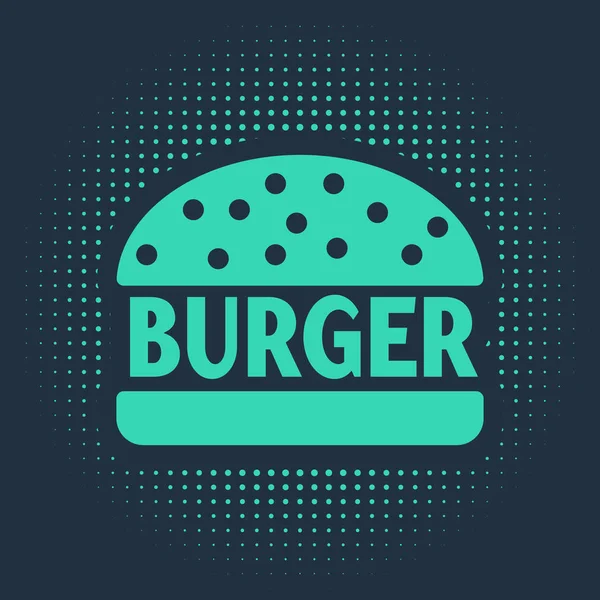Grüne Burger-Symbol isoliert auf blauem Hintergrund. Hamburger Ikone. Cheeseburger Sandwich-Schild. abstrakte Kreis zufällige Punkte. Vektorillustration — Stockvektor
