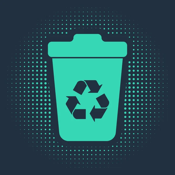 Lixeira verde com ícone de símbolo de reciclagem isolado no fundo azul. Ícone da lata de lixo. Sinal de lixeira. Sinal de cesta de reciclagem. Pontos aleatórios de círculo abstrato. Ilustração vetorial — Vetor de Stock