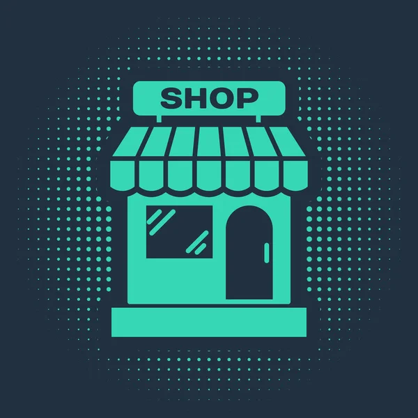 Edifício de compras verde ou ícone de loja de mercado isolado no fundo azul. Construção de loja. Pontos aleatórios de círculo abstrato. Ilustração vetorial —  Vetores de Stock