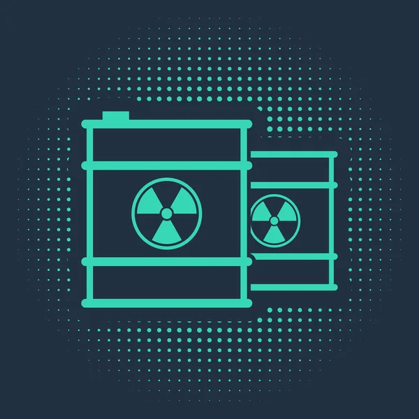 Green Radioactive waste in barrel icon isolated on blue background. Toxic refuse keg. Radioactive garbage emissions, environmental pollution. Abstract circle random dots. Vector Illustration — Stock Vector