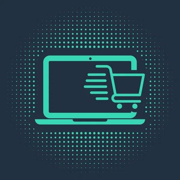 Grüner Einkaufswagen auf dem Bildschirm Laptop-Symbol isoliert auf blauem Hintergrund. Konzept E-Commerce, E-Business, Online Business Marketing. abstrakte Kreis zufällige Punkte. Vektorillustration — Stockvektor