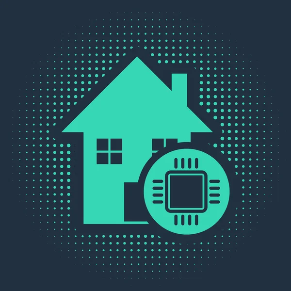 Icono de casa inteligente verde aislado sobre fondo azul. Control remoto. Puntos aleatorios de círculo abstracto. Ilustración vectorial — Vector de stock
