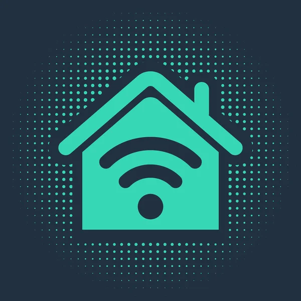Rumah Green Smart dengan ikon wi-fi diisolasi dengan latar belakang biru. Remote control. Titik-titik acak lingkaran abstrak. Ilustrasi Vektor - Stok Vektor