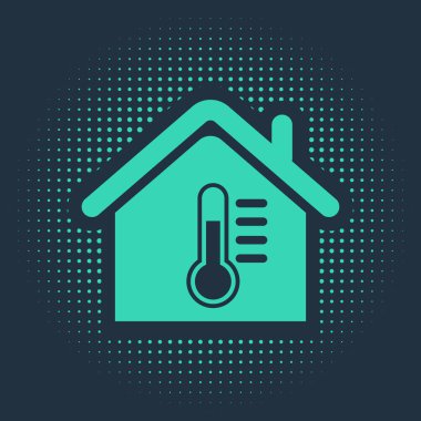 Mavi arkaplanda sera sıcaklığı simgesi izole edildi. Termometre simgesi. Soyut çember rastgele noktalar. Vektör İllüstrasyonu