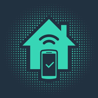 Green Smart ev - uzaktan kontrol sistemi simgesi mavi arkaplanda izole edildi. Soyut çember rastgele noktalar. Vektör İllüstrasyonu