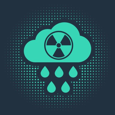 Mavi arka planda yeşil asit yağmuru ve radyoaktif bulut simgesi izole edildi. Zehirli hava kirliliğinin çevre üzerindeki etkileri. Soyut çember rastgele noktalar. Vektör İllüstrasyonu