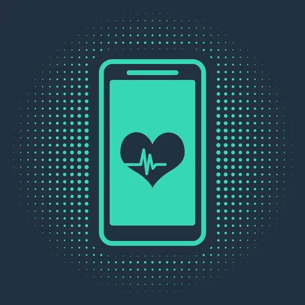 Green Smartphone with heart rate monitor function icon isolated on blue background. Abstract circle random dots. Vector Illustration — Stock Vector
