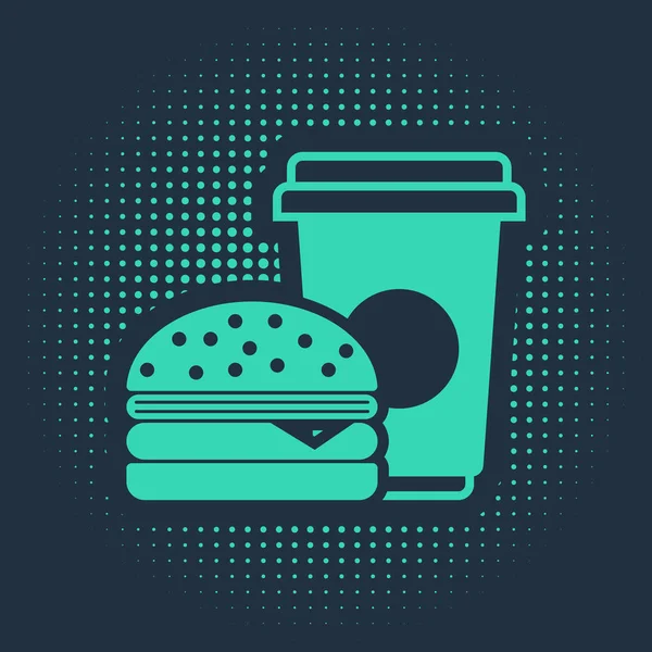 Grönt kaffe och hamburgare ikon isolerad på blå bakgrund. Snabbmatssymbol. Abstrakt cirkel slumpmässiga prickar. Vektor Illustration — Stock vektor