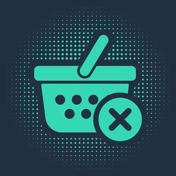 Zelená Odstranit ikonu nákupního košíku izolované na modrém pozadí. Online nákupní koncept. Podpis doručovací služby. Koš v supermarketu a značka X. Abstraktní kruh náhodných teček. Vektorová ilustrace — Stockový vektor