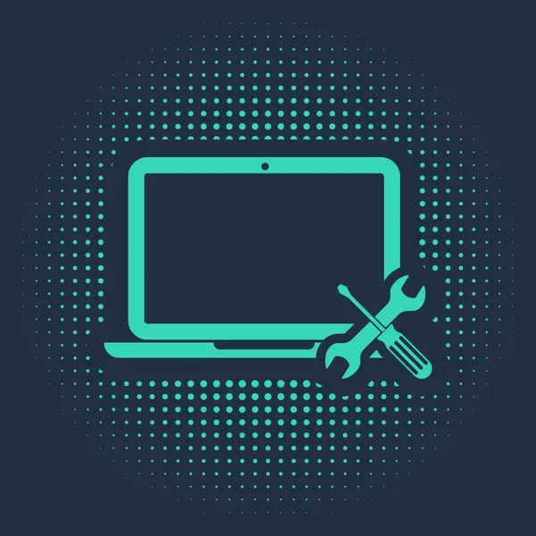 Laptop verde con destornillador e icono de la llave inglesa aislado sobre fondo azul. Ajuste, servicio, ajuste, mantenimiento, reparación, fijación. Puntos aleatorios de círculo abstracto. Ilustración vectorial — Archivo Imágenes Vectoriales