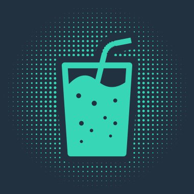 Mavi zemin üzerinde su ikonu olan yeşil cam. Soda bardağı ve pipet içmek. Taze soğuk içecek sembolü. Soyut çember rastgele noktalar. Vektör İllüstrasyonu