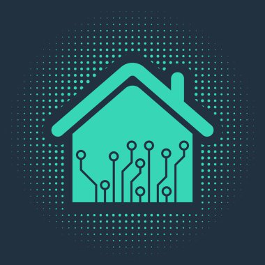 Yeşil Akıllı ev simgesi mavi arkaplanda izole edildi. Uzaktan kumanda. Soyut çember rastgele noktalar. Vektör İllüstrasyonu