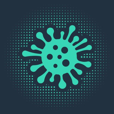 Mavi arkaplanda yeşil bakteri simgesi izole edildi. Bakteriler ve mikroorganizmalar, sebep olan mikroorganizma hastalıkları, hücre kanseri, mikrop, virüs, mantar. Soyut çember rastgele noktalar. Vektör İllüstrasyonu