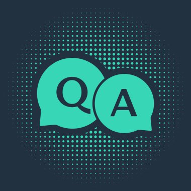 Mavi arkaplanda Soru ve Yanıt simgesiyle yeşil konuşma baloncukları. Q ve A sembolü. Faq işareti. Konuşma balonu ve çizelgesi. Soyut çember rastgele noktalar. Vektör İllüstrasyonu