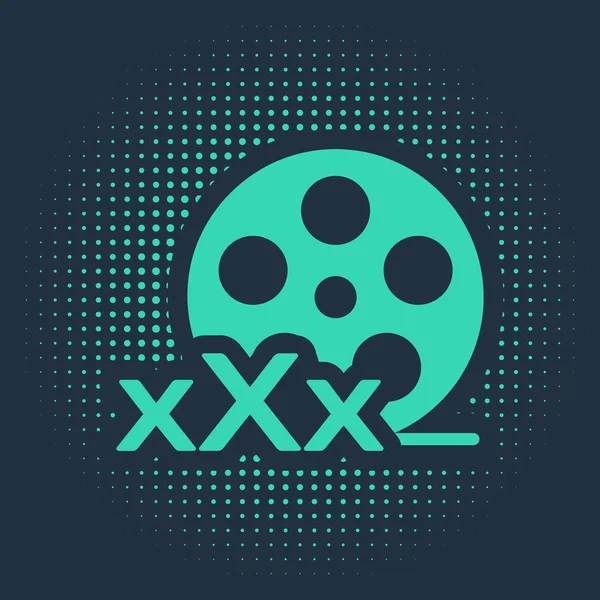 Green Film reel with inscription XXX icon isolated on blue background. Age restriction symbol. 18 plus content sign. Adult channel. Abstract circle random dots. Vector Illustration