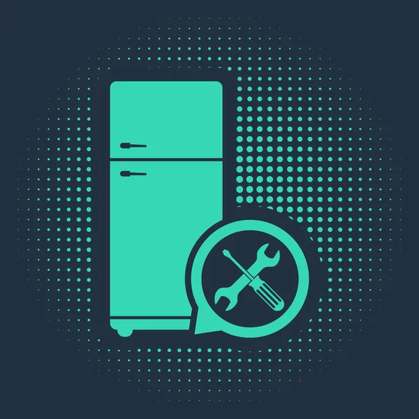 Refrigerador verde con destornillador e icono de la llave inglesa aislado sobre fondo azul. Ajuste, servicio, ajuste, mantenimiento, reparación, fijación. Puntos aleatorios de círculo abstracto. Ilustración vectorial — Vector de stock