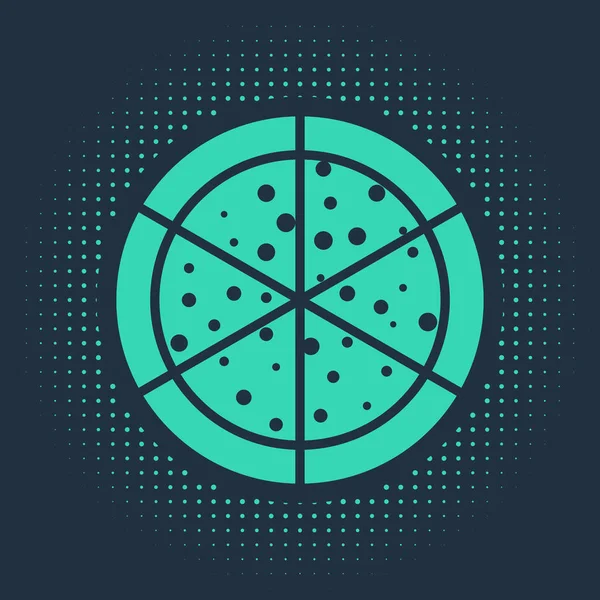 Zöld pizza ikon elszigetelt kék háttérrel. Absztrakt kör véletlenszerű pontok. Vektorillusztráció — Stock Vector