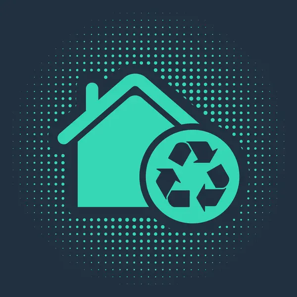 Green Eco House met recycling symbool pictogram geïsoleerd op blauwe achtergrond. Ecologie huis met recycle pijlen. Abstracte cirkel willekeurige stippen. Vector Illustratie — Stockvector