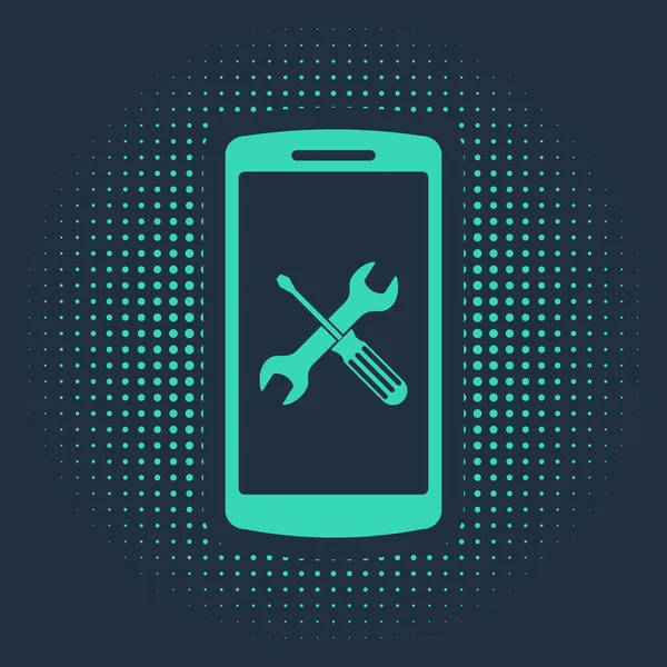 Zelený Smartphone se šroubovákem a klíčem ikona izolované na modrém pozadí. Nastavení, servis, nastavení, údržba, opravy, opravy. Abstraktní kruh náhodných teček. Vektorová ilustrace — Stockový vektor