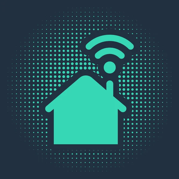 Green Smart home con icono wi-fi aislado sobre fondo azul. Control remoto. Puntos aleatorios de círculo abstracto. Ilustración vectorial — Vector de stock