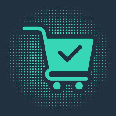 Mavi arkaplanda işaret simgesi olan yeşil alışveriş arabası. Süpermarket sepeti onaylı, onaylı, tamam, tik, tamamlanmış sembol. Soyut çember rastgele noktalar. Vektör İllüstrasyonu