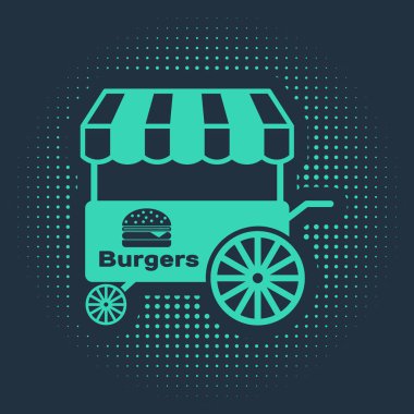 Mavi arka planda tente simgesi olan yeşil Fast sokak yemek arabası. Hamburger ya da hamburger ikonu. Şehir büfesi. Soyut çember rastgele noktalar. Vektör İllüstrasyonu