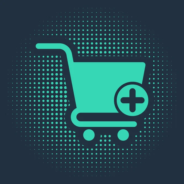 Green Add to Shopping cart icon isolated on blue background. Online nákupní koncept. Podpis doručovací služby. Symbol supermarketu. Abstraktní kruh náhodných teček. Vektorová ilustrace — Stockový vektor