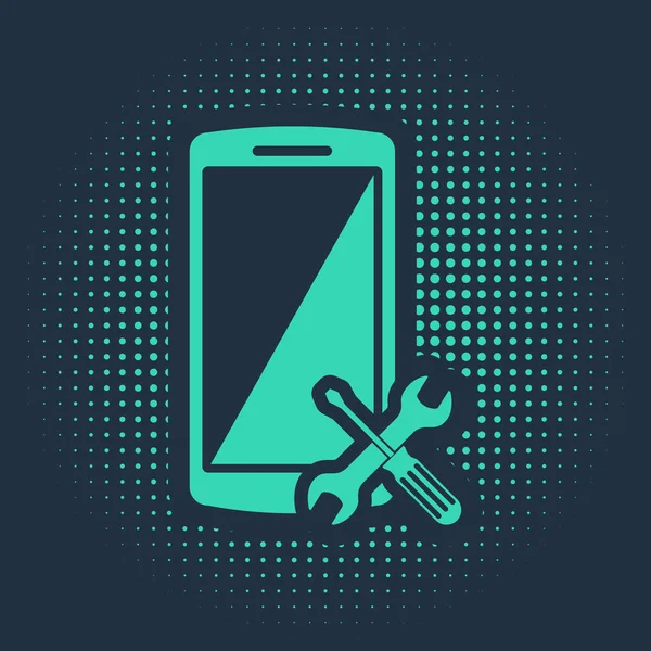 Πράσινο Smartphone με κατσαβίδι και κλειδί εικονίδιο απομονώνονται σε μπλε φόντο. Ρύθμιση, συντήρηση, ρύθμιση, συντήρηση, επισκευή, στερέωση. Αφηρημένες τυχαίες τελείες. Εικονογράφηση διανύσματος — Διανυσματικό Αρχείο