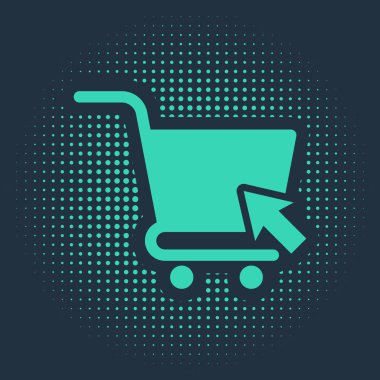 Mavi arka planda imleç simgesi olan yeşil alışveriş arabası. İnternetten satın alma konsepti. Servis tabelası. Süpermarket sepeti sembolü. Soyut çember rastgele noktalar. Vektör İllüstrasyonu