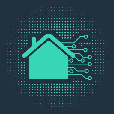 Yeşil Akıllı ev simgesi mavi arkaplanda izole edildi. Uzaktan kumanda. Soyut çember rastgele noktalar. Vektör İllüstrasyonu